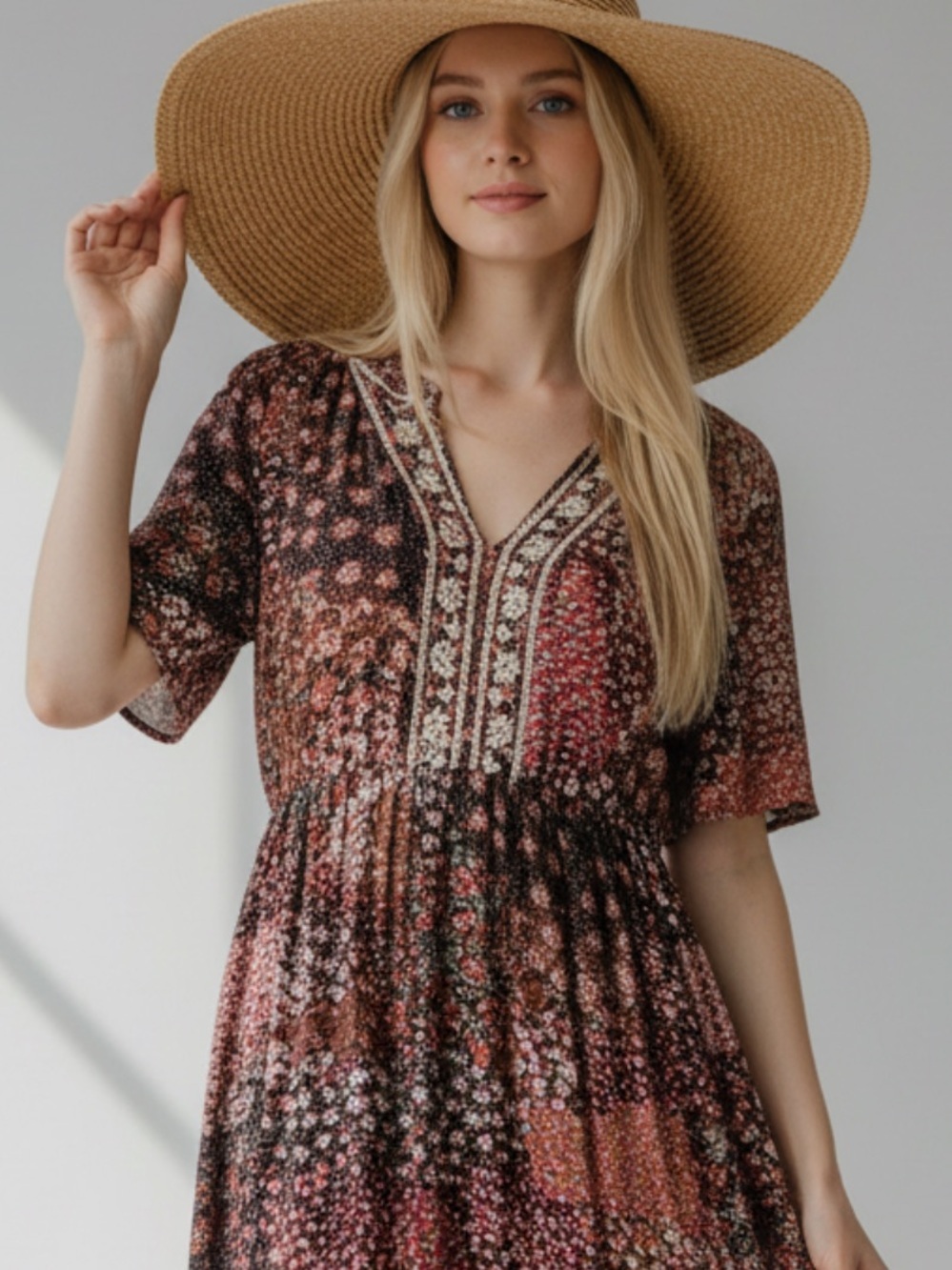KNOX ROSE BOHO folk style Floral Patchwork Dress - Brown, Pink, and Black